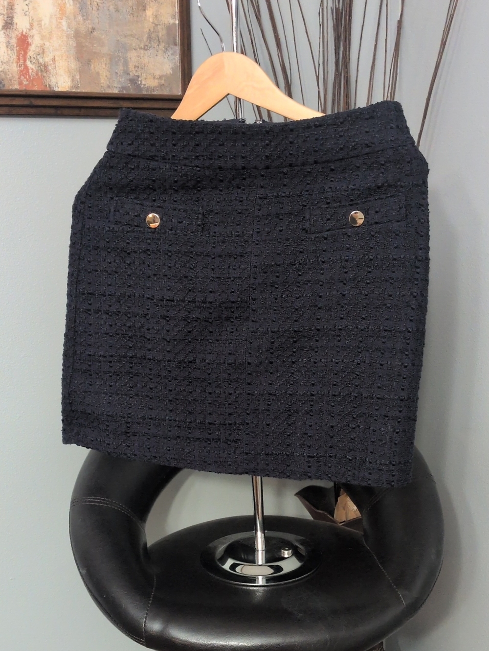LOFT Navy Tweed Mini Skirt with Gold Buttons